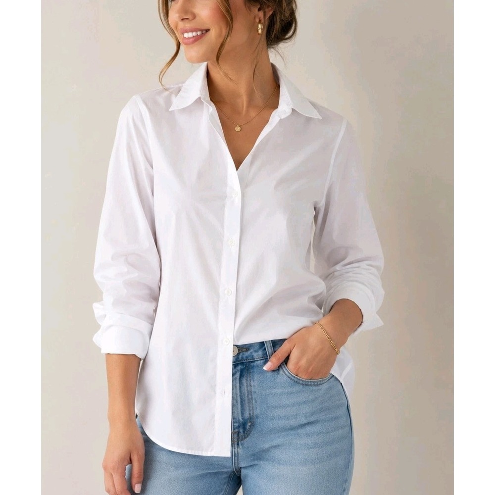 NWT Esmara White Button Up Shirt Cotton Long Sleeve Collared Blouse US 6